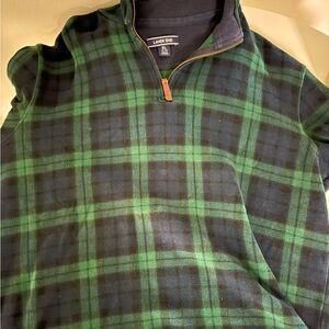 Land’s End men’s quarter zip sweater. Blue green plaid. 100% cotton.